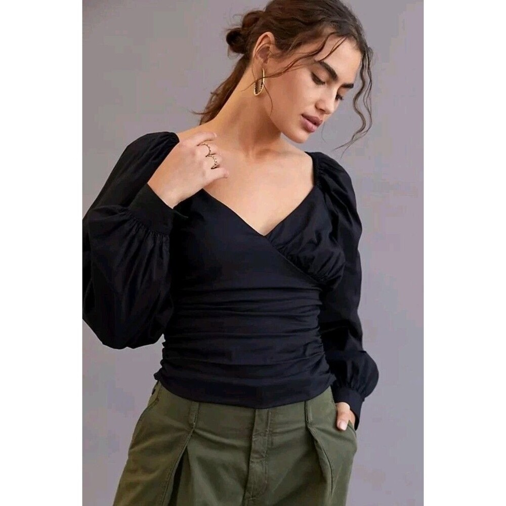 Anthropologie Sweetheart Puff Long Sleeve Black Blouse Smocked Back Sexy Sz S - Picture 2 of 12
